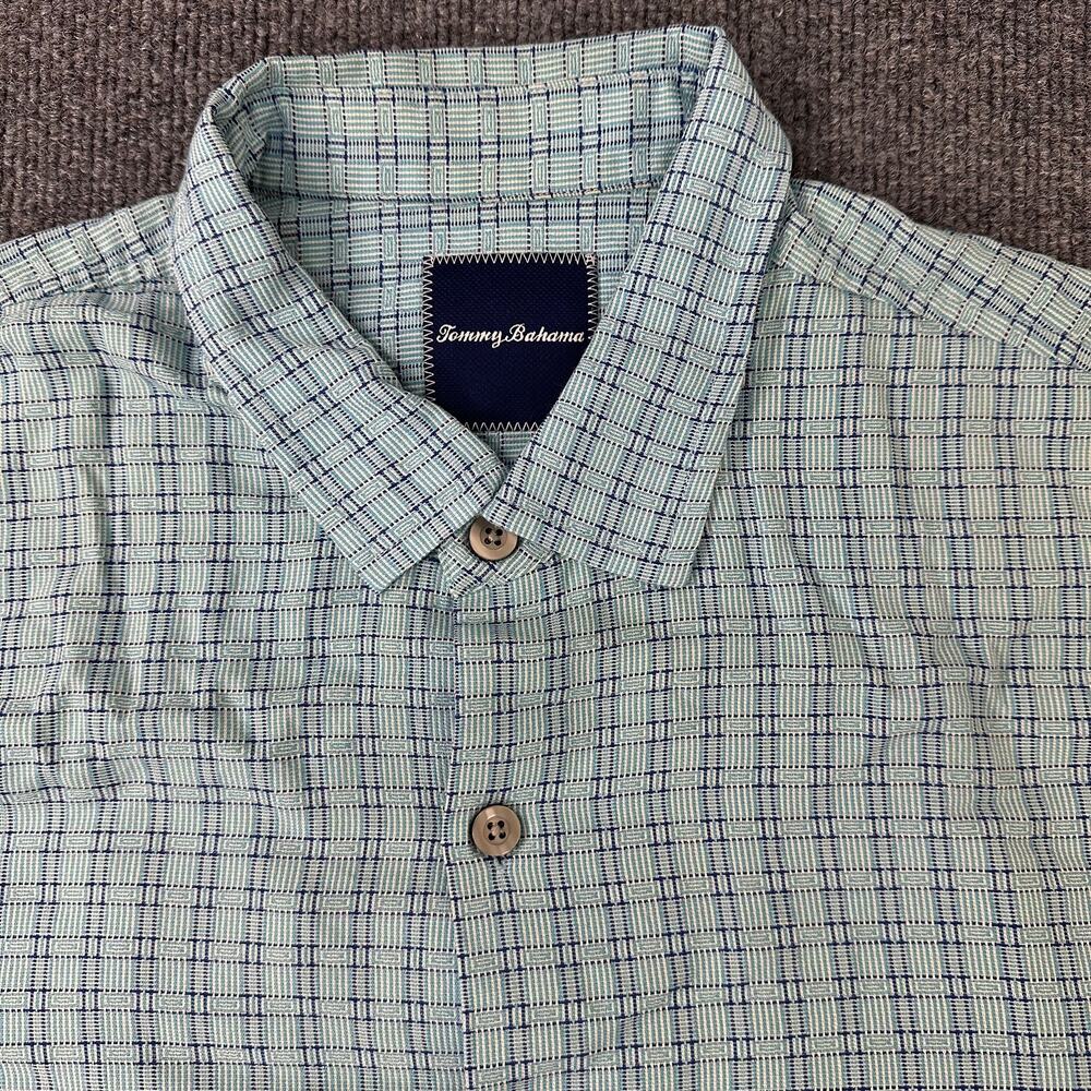 Tommy Bahama Men's Silk Button Up Shirt Blue Check Plaid Short Sleeve XL FLAWED